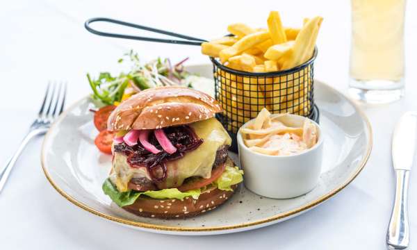 Homemade Signature Beef Burger with Chips at the Barnstaple Hotel