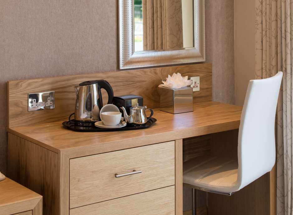 dressing table in the park hotel bedroom, coffee and tea